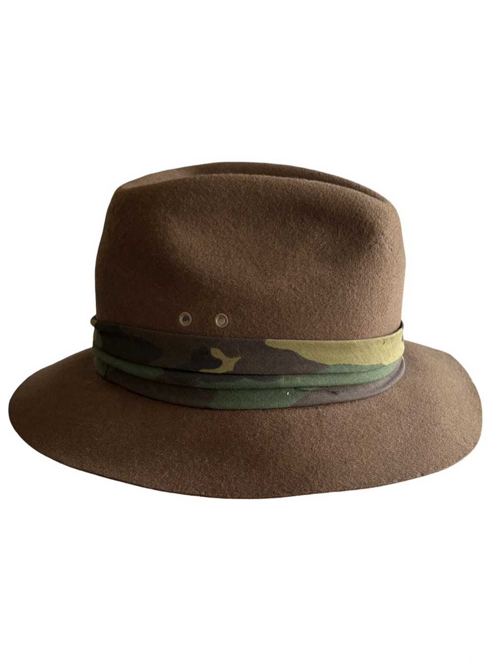 Vintage Broner Brown Wool Fedora Outback Hat with Camo Band Made in USA